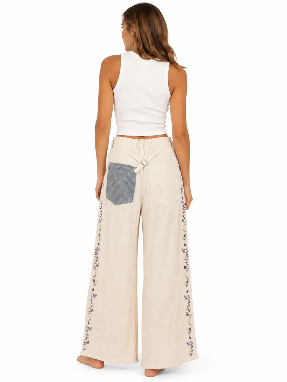 POL Cream Wide-Leg Pants with Side Floral Embroidery